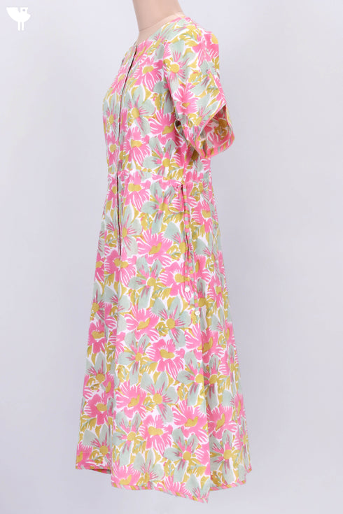 Cambric Cotton Drawstring Midi Dress With Floral Block Print